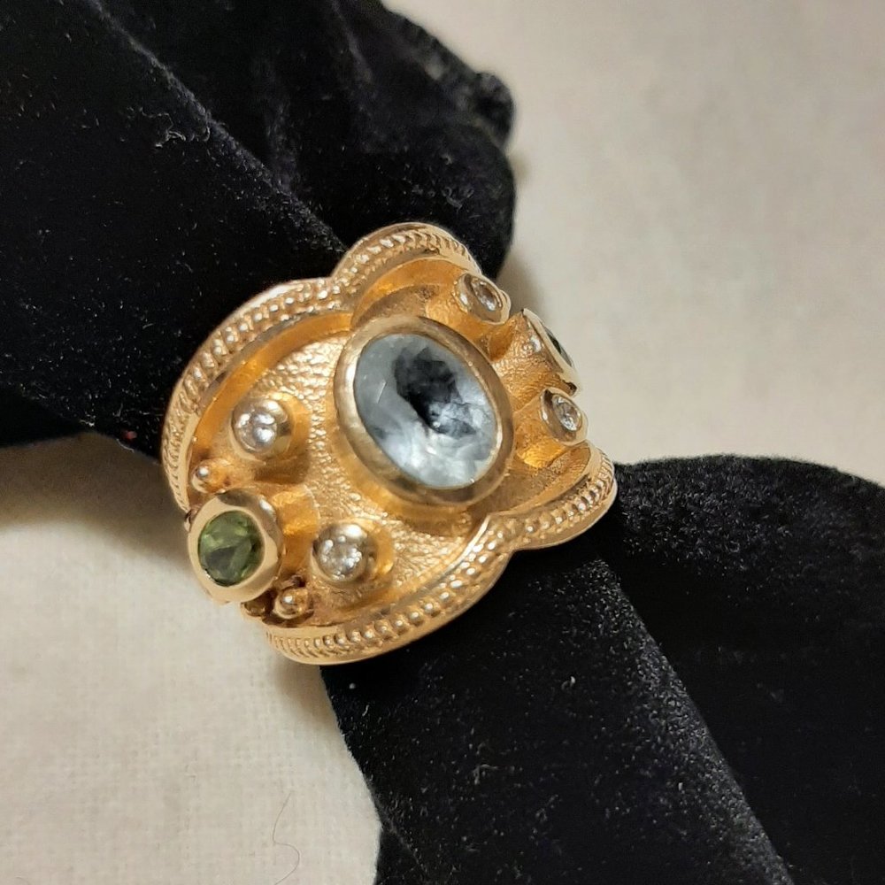 Etruscan Solid Gold Aqua Peridot & Diamond Ring